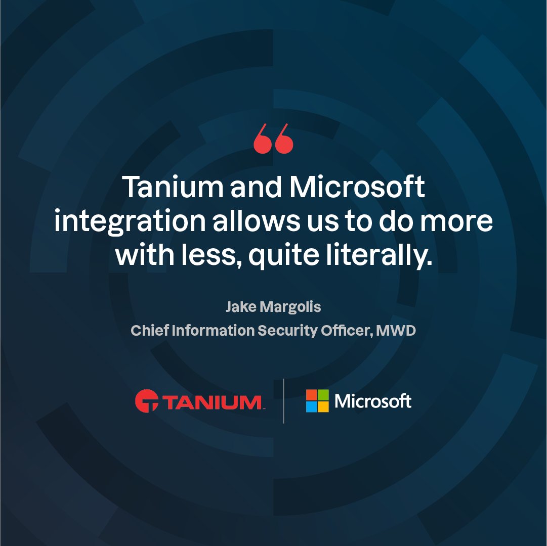 How do you protect one of the largest water suppliers in the U.S. in real time?

The <a href="/mwdh2o/">MWD of SoCal</a> turned to Tanium and <a href="/Microsoft/">Microsoft</a> to simplify and scale their Microsoft Defender for Endpoint deployment. See the results: bit.ly/4kpc6ih