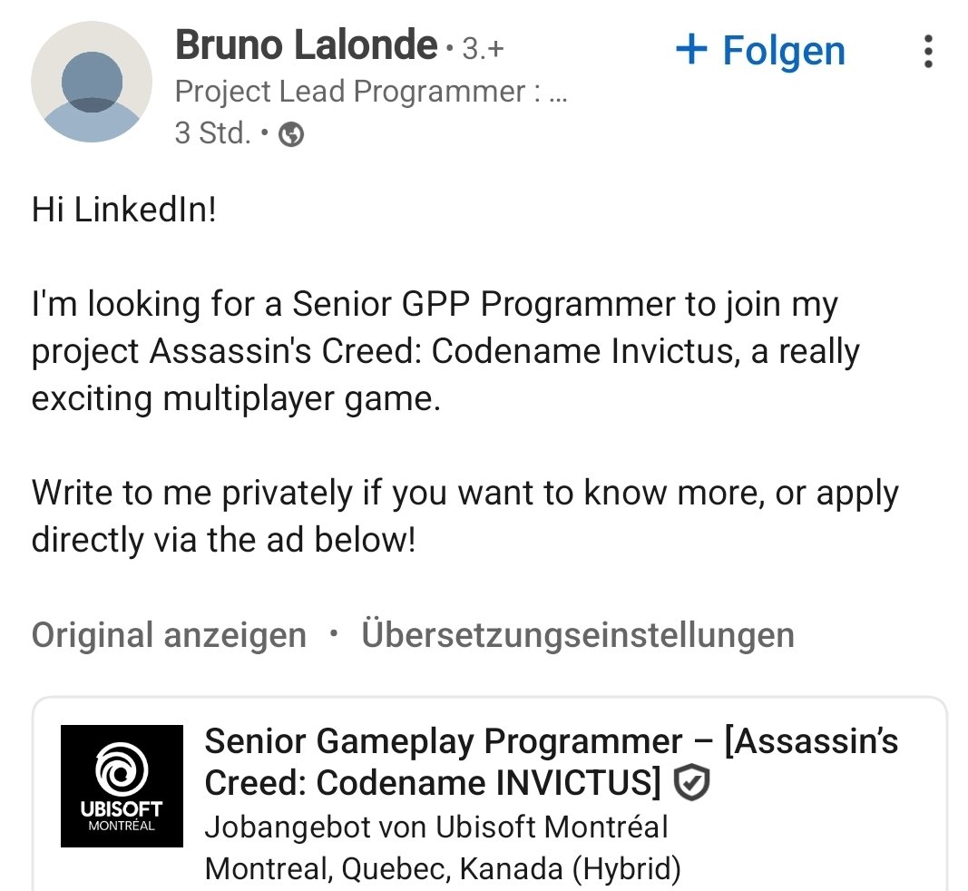 Project Lead Programmer Bruno Lalonde is looking for a Senior GPP Programmer for Assassin's Creed Codename Invictus. 🦅

#AssassinsCreedCodenameInvictus