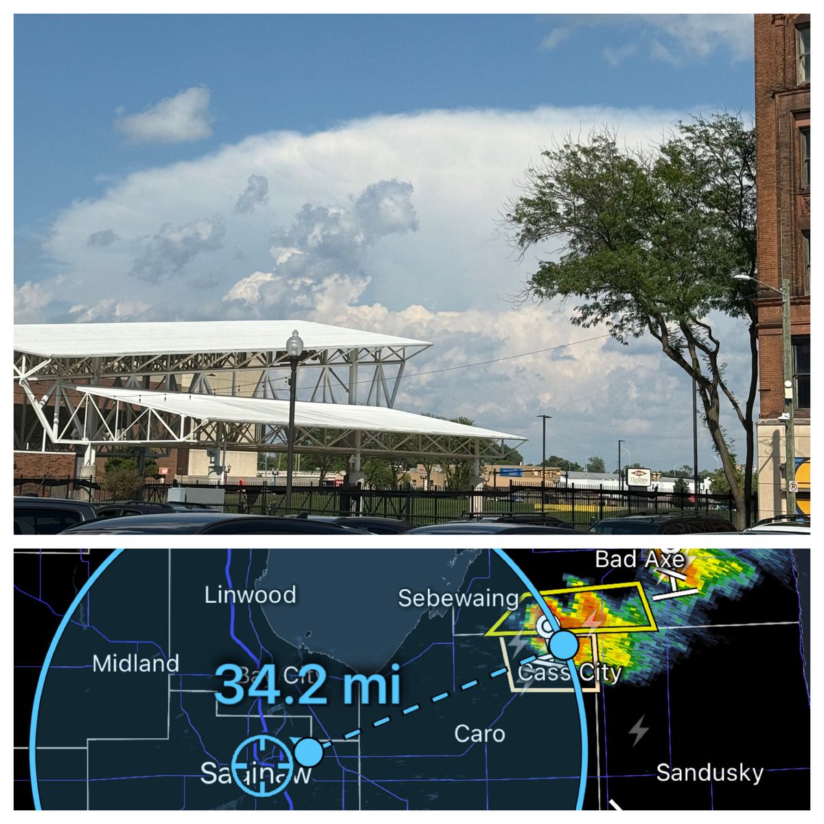 Storms in Huron and northern Tuscola  County are reaching near 40,000 feet. This is the view from roughly 34 miles away in Saginaw.