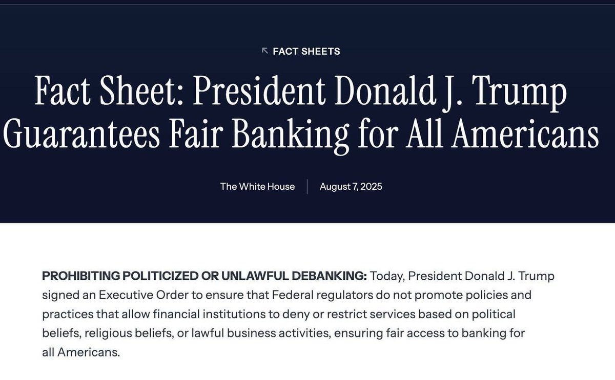 Cointelegraph's tweet image. 🚨 JUST IN: President Trump signs executive order banning banks from debanking the Bitcoin and crypto industry.