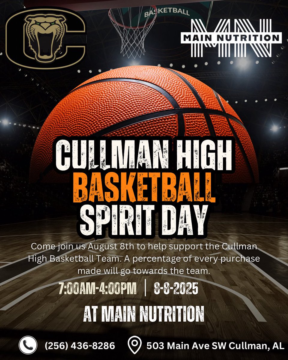 Join us at Main Nutrition tomorrow and help support Cullman Basketball! 7:00 am - 4:00 pm