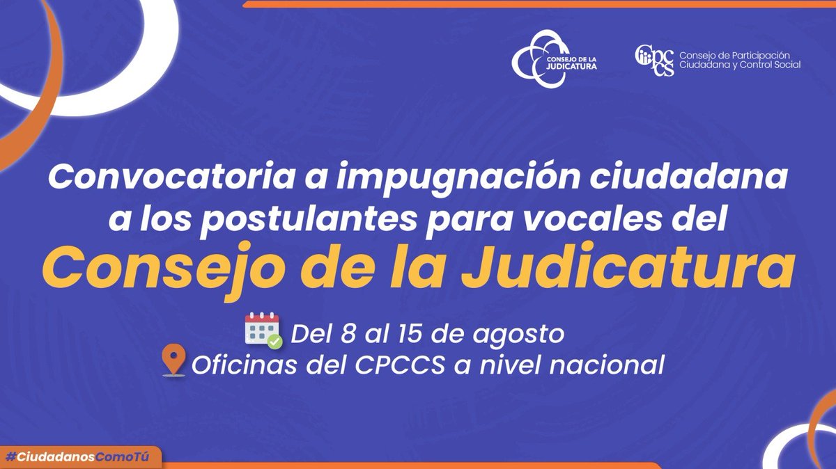Participa Ecuador (@cpccsec) on Twitter photo IMPORTANTE
El Pleno del CPCCS aprobó la convocatoria a impugnación ciudadana a los 15 postulantes para la selección de los vocales del Consejo de la Judicatura 2025-2031.
Las oficinas del CPCCS a nivel nacional receptarán las impugnaciones del 8 al 15 de agosto.
<a href="/CJudicaturaEc/">Consejo de la Judicatura</a> IMPORTANTE
El Pleno del CPCCS aprobó la convocatoria a impugnación ciudadana a los 15 postulantes para la selección de los vocales del Consejo de la Judicatura 2025-2031.
Las oficinas del CPCCS a nivel nacional receptarán las impugnaciones del 8 al 15 de agosto.
<a href="/CJudicaturaEc/">Consejo de la Judicatura</a>