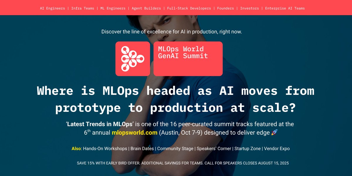 🚀 Latest Trends in MLOps is live at MLOps World | GenAI Summit (Oct 7–9, Austin)!

Infra scaling, model versioning, on-prem deployment &amp; more, built for teams making ML work in the real world.

🎟️ Early Bird tickets: mlopsworld.com/?utm_source=x&…