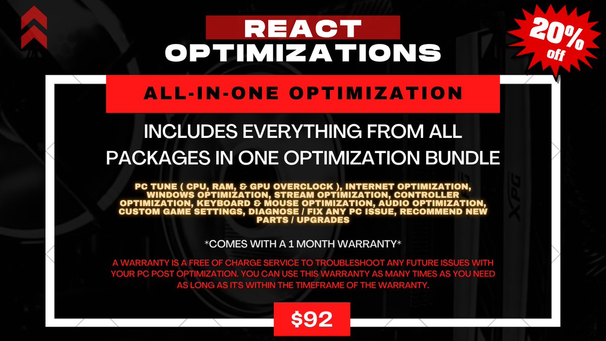 Mason George (@masonreact) on Twitter photo 🎯 WEEKEND SALE IS LIVE 🎯
We're running 20% OFF our All-In-One PC Optimization Package ALL WEEKEND LONG!
💻 $114.99 ➝ Now Only $91.99
📩 DM me, <a href="/ReactPCs/">React Optimizations®️</a> or us our booking website to book your spot — Limited slots! (linked below) 👇 🎯 WEEKEND SALE IS LIVE 🎯
We're running 20% OFF our All-In-One PC Optimization Package ALL WEEKEND LONG!
💻 $114.99 ➝ Now Only $91.99
📩 DM me, <a href="/ReactPCs/">React Optimizations®️</a> or us our booking website to book your spot — Limited slots! (linked below) 👇