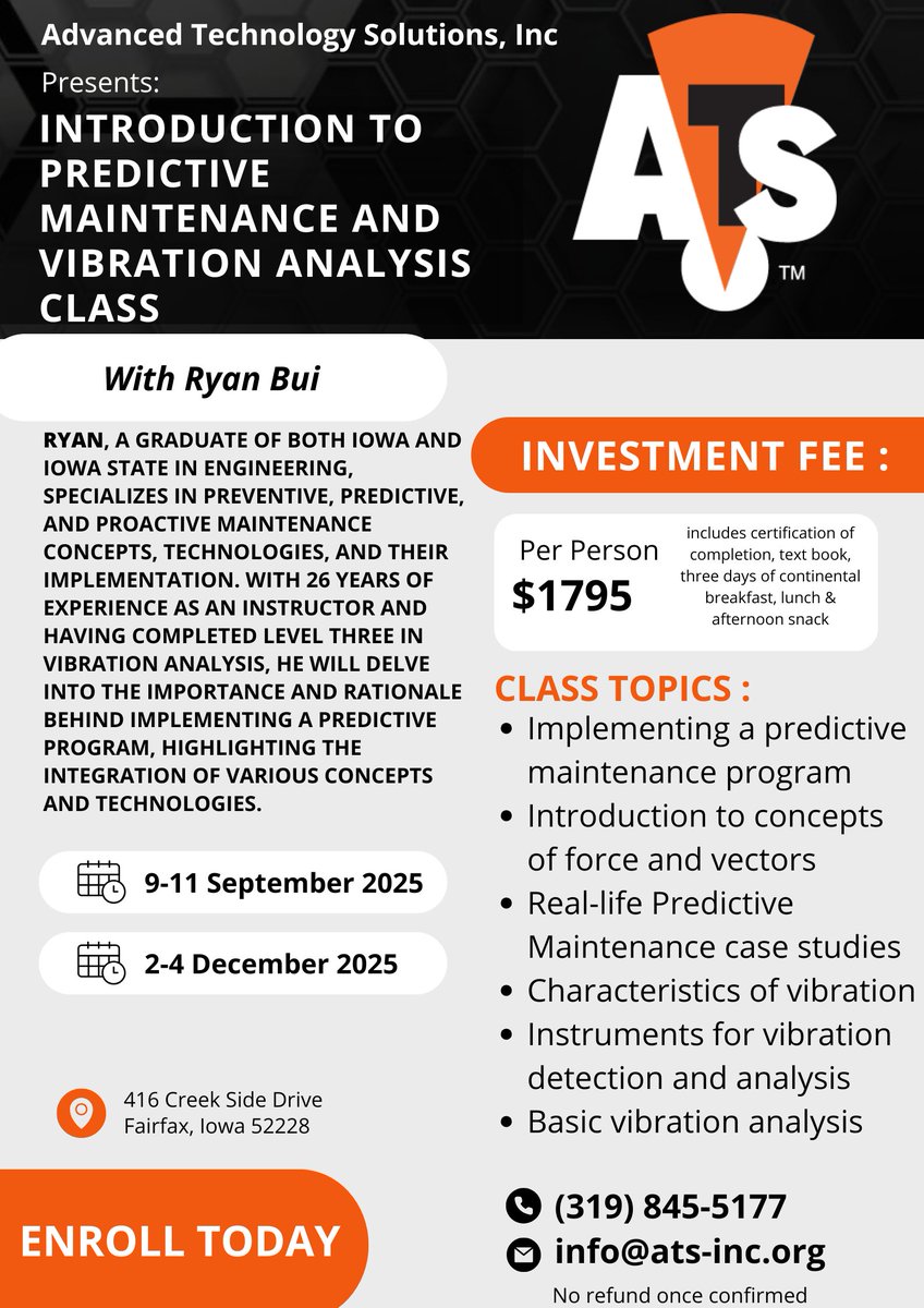 Our next Introduction to Predictive Maintenance and Vibration Analysis Class is September 9-11. Find all the infomation at our website. 

ats-inc.org/2025-vibration…

Contact us to reserve your spot!