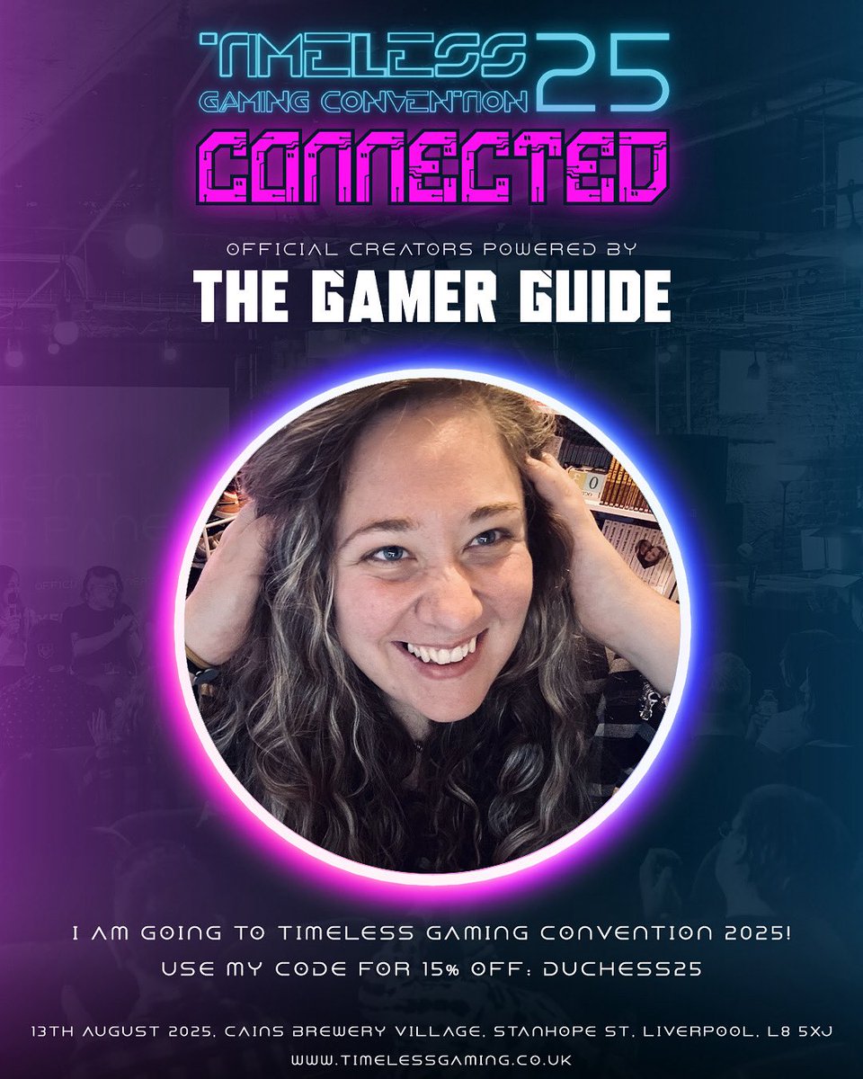 It’s nearly hereeeee! 
<a href="/TimelessGC/">TimelessGamingCon</a> is NEXT WEEK, where did the time go?

Are you going, still need a ticket grab one here 
timelessgaming.co.uk
Use code ‘DUCHESS25’ to get a little discount. 

See you there! 😊
#TimelessGC25
<a href="/TheGamerGuide_/">The Gamer Guide® ✈️ Gamescom 2025</a>