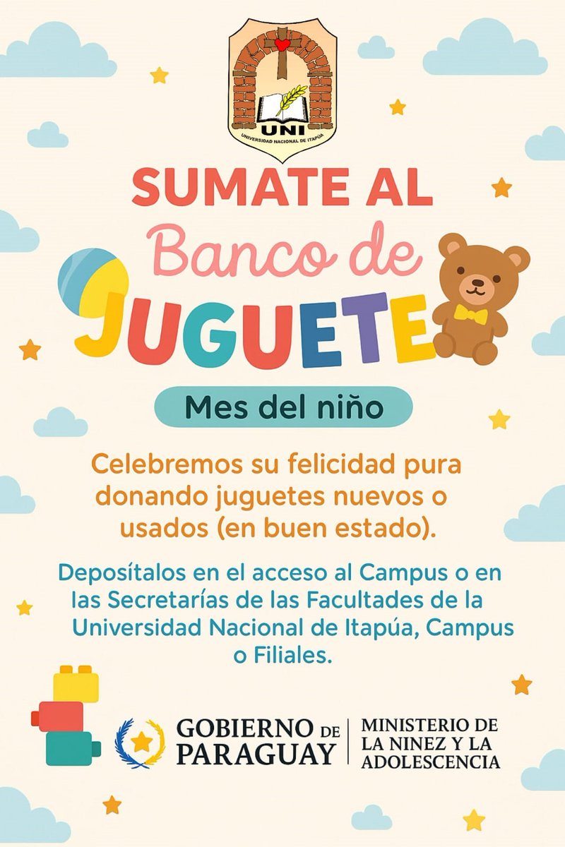 🎁 La FaCyT se suma a la campaña nacional “Banco de Juguetes”, impulsada por el <a href="/MINNAParaguay/">Ministerio de la Niñez y la Adolescencia | Py</a> y la Oficina de la Primera Dama.

🧸 Doná un juguete nuevo o en buen estado y llevá alegría a niñas y niños en situación de vulnerabilidad.

📍 Info:  facyt.uni.edu.py/15374