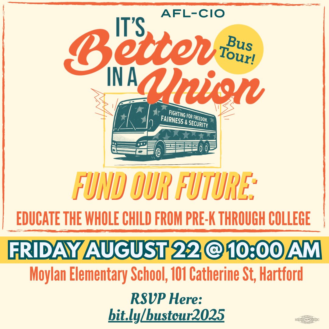 The <a href="/AFLCIO/">AFL-CIO ✊</a>'s national bus tour will be making a stop in Connecticut!

We are hosting a "Back to School" roundtable discussion focused on the devastating federal cuts—and the lack of sufficient state funding—in our K-12 and public higher education systems.