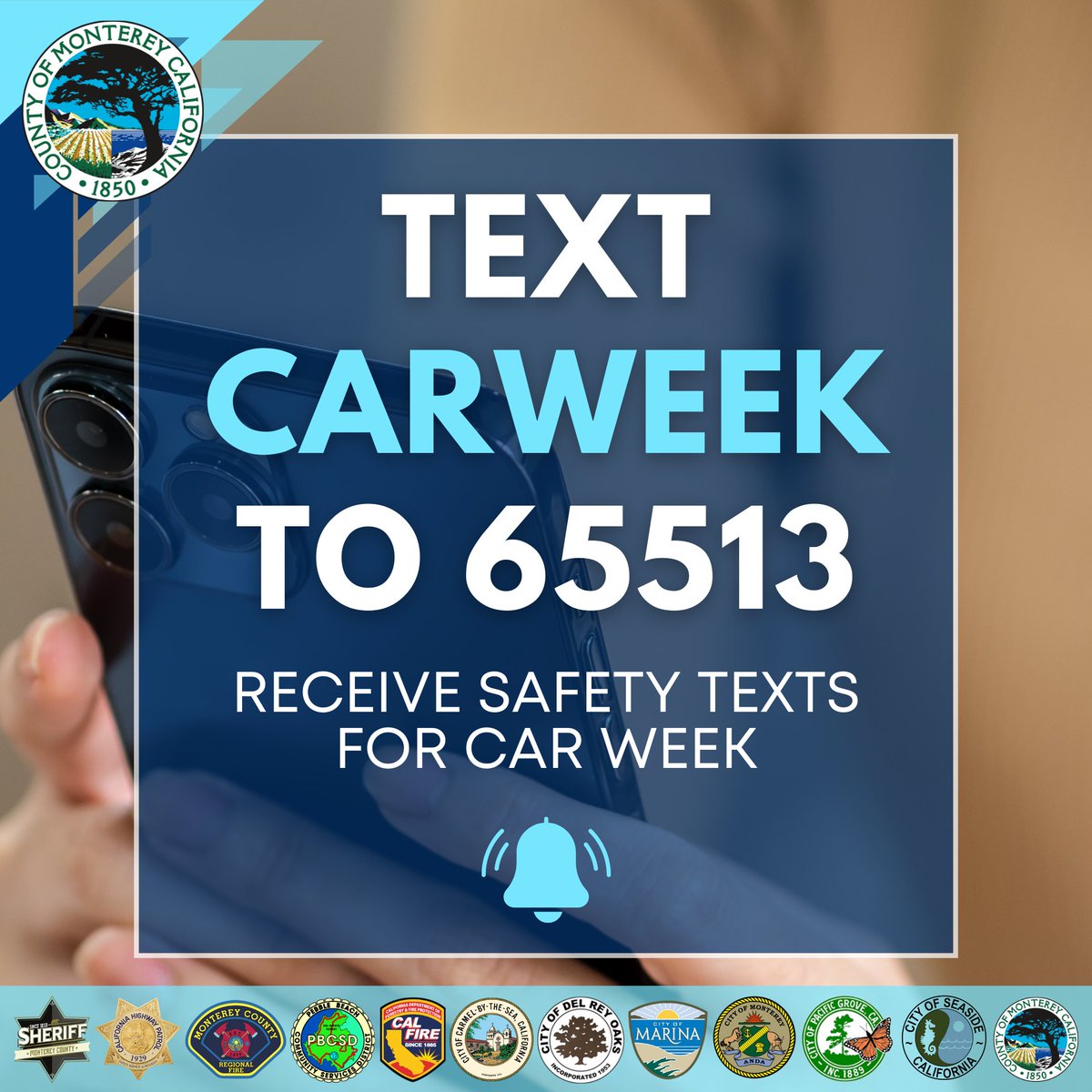 #MontereyCarWeek is here through August 17th. Sign up to receive traffic and safety messages and text updates related to #MontereyCarWeek by texting “CARWEEK” to 888777.