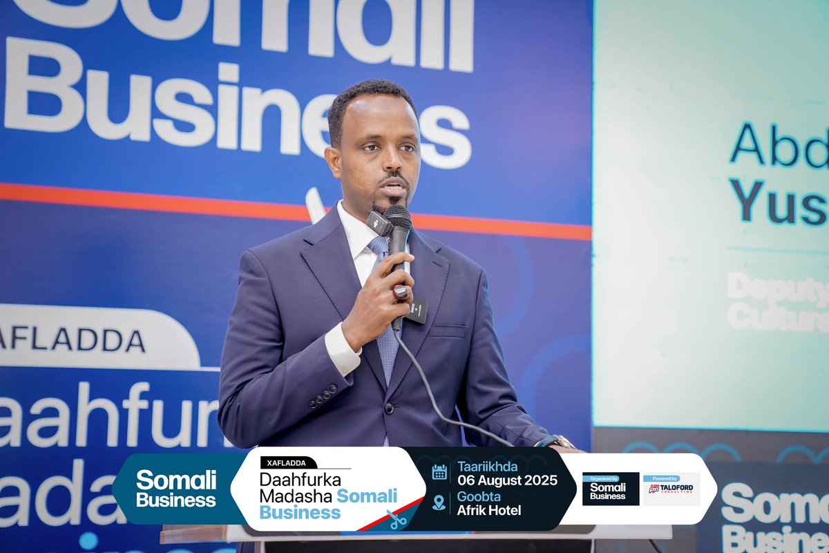 Somali Business (@somalibiz) on Twitter photo Wasiir ku Xigeenka wasaaradda <a href="/MOISOMALIA/">Ministry of Information, Culture & Tourism</a>, Mudane <a href="/Abdirahmanyala3/">Abdirahman y al-adala</a> oo ka hadlayay xafladda daahfurka <a href="/SomaliBiz/">Somali Business</a> ayaa ganacsatada ugu baaqay in ay madashan cusub ee SB ay garabistaagaan.
facebook.com/share/v/1CBhcP…
#SomaliBusiness #SBLaunch #SomaliBiz #SomaliBiz2025 Wasiir ku Xigeenka wasaaradda <a href="/MOISOMALIA/">Ministry of Information, Culture & Tourism</a>, Mudane <a href="/Abdirahmanyala3/">Abdirahman y al-adala</a> oo ka hadlayay xafladda daahfurka <a href="/SomaliBiz/">Somali Business</a> ayaa ganacsatada ugu baaqay in ay madashan cusub ee SB ay garabistaagaan.
facebook.com/share/v/1CBhcP…
#SomaliBusiness #SBLaunch #SomaliBiz #SomaliBiz2025