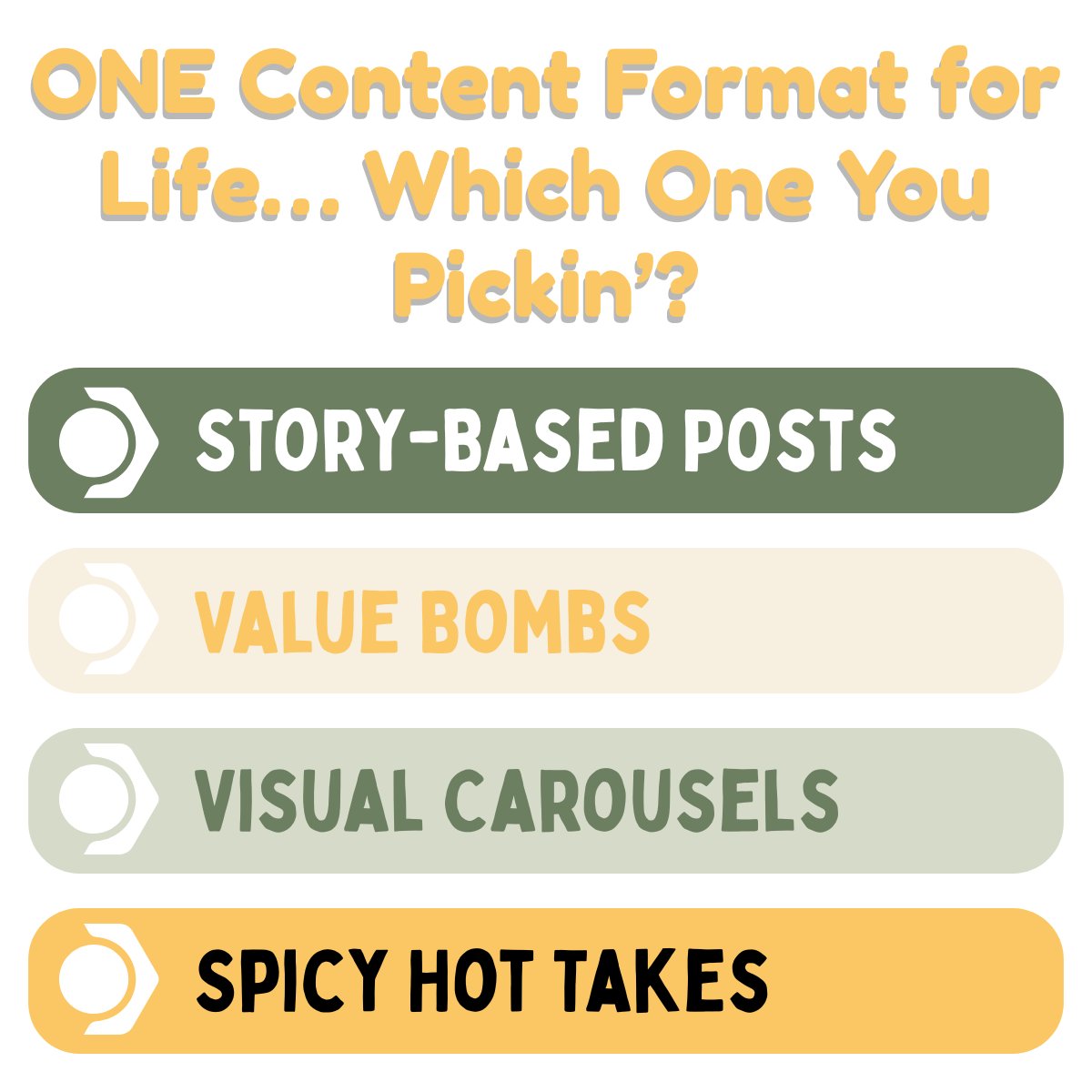 xhumza's tweet image. If you could only post ONE type of content for the rest of the year...
Which would you pick?
A) Story-based posts
B) Value bombs
C) Visual carousels
D) Spicy hot takes
Let’s settle this once and for all 

#ContentCreation #PollTime #TwitterChat