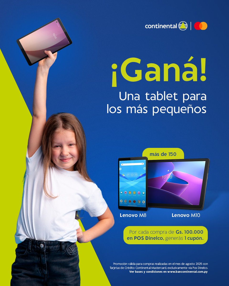 ¡Mes del niño con TC Continental Mastercard! 🤩💳
Comprando desde Gs. 100.000 a través del POS Dinelco, generás cupones para participar del sorteo de tablets📱

Conocé más en bancontinental.com.py