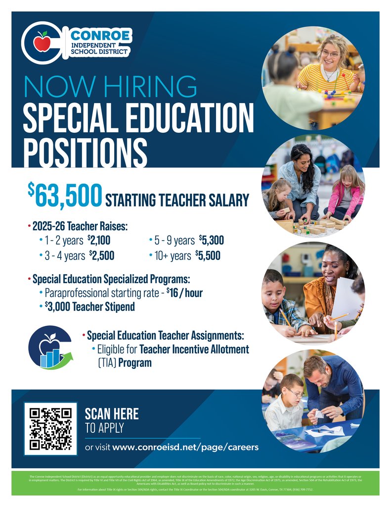 Conroe ISD has openings for Special Education positions for this school year! View current job postings and apply at conroeisd.net/o/cisd/page/ca….