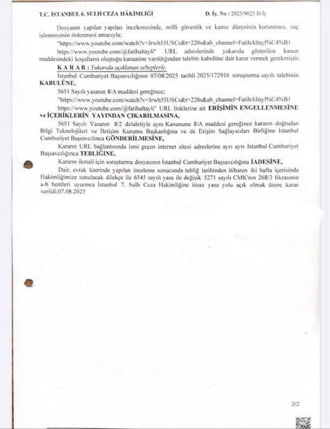 Ne güzel iş! Önce mevzuatı yaz, sonra ‘millî güvenlik’ ve ‘kamu düzeni’ diyerek erişim engeli getir. Gerekçe yok. Hangi yönlerden millî güvenlik ve kamu düzeniyle ilgili olduğunu da artık biz bulacağız. #FatihAltayli