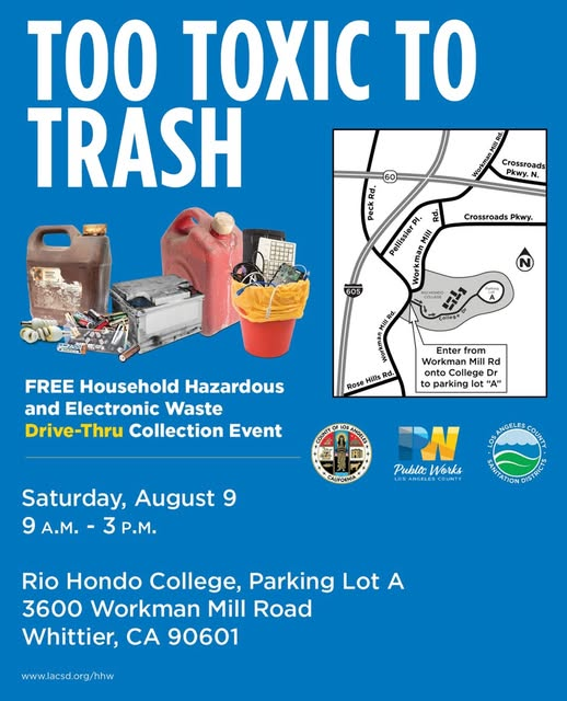 SBESC (@sbesc) on Twitter photo This Saturday August 9, 2025!
9 AM - 3 PM in #Whittier
FREE Household Hazardous & Electronic
Waste
Drive-Thru Collection at:
Rio Hondo College, Parking Lot A
3600 Workman Mill Road
Whittier, CA 90601
For more info: LACSD.org/hhw
<a href="/SanDistricts/">Los Angeles County Sanitation Districts</a> This Saturday August 9, 2025!
9 AM - 3 PM in #Whittier
FREE Household Hazardous & Electronic
Waste
Drive-Thru Collection at:
Rio Hondo College, Parking Lot A
3600 Workman Mill Road
Whittier, CA 90601
For more info: LACSD.org/hhw
<a href="/SanDistricts/">Los Angeles County Sanitation Districts</a>