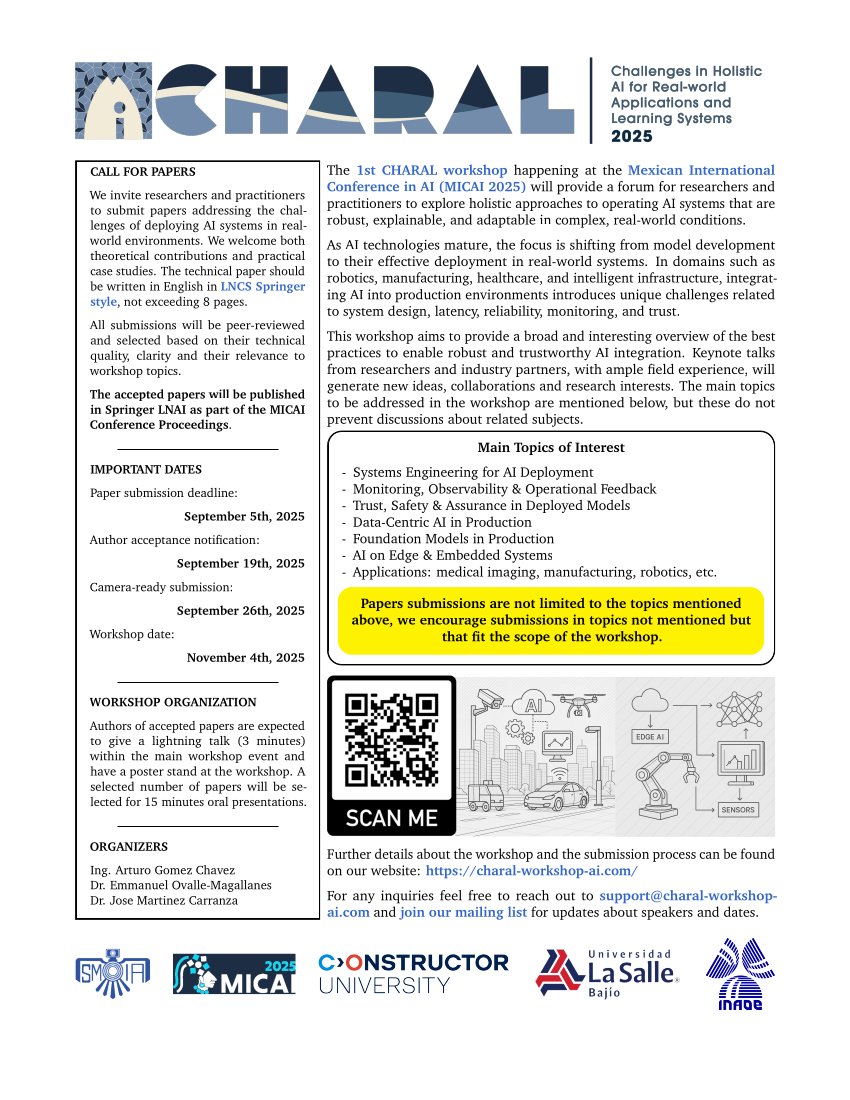 🤩 📢 La <a href="/smia_mx/">SMIA</a> invita a participar en el Challenges in Holistic AI for Real-world Applications and Learning Systems (CHARAL) Workshop, que se realizará en el marco del #MICAI2025. 🧠 💻
📜 + Info: 👉 charal-workshop-ai.com