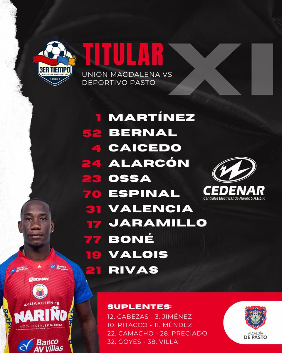 Sebastián Hurtado (@sebashurtado93) on Twitter photo 🚨EXC. ¡Así forma <a href="/DeporPasto/">Asociación Deportivo Pasto</a> en su visita a Unión Magdalena 🌋
👀 El equipo volcánico presenta dos novedades en su XI inicial:
↔️ El regreso de "San Diego" Martínez y el debut de Juan Manuel Valencia en el medio campo.
¡Vamos Pasto! 🔴🔵🟡 🚨EXC. ¡Así forma <a href="/DeporPasto/">Asociación Deportivo Pasto</a> en su visita a Unión Magdalena 🌋
👀 El equipo volcánico presenta dos novedades en su XI inicial:
↔️ El regreso de "San Diego" Martínez y el debut de Juan Manuel Valencia en el medio campo.
¡Vamos Pasto! 🔴🔵🟡