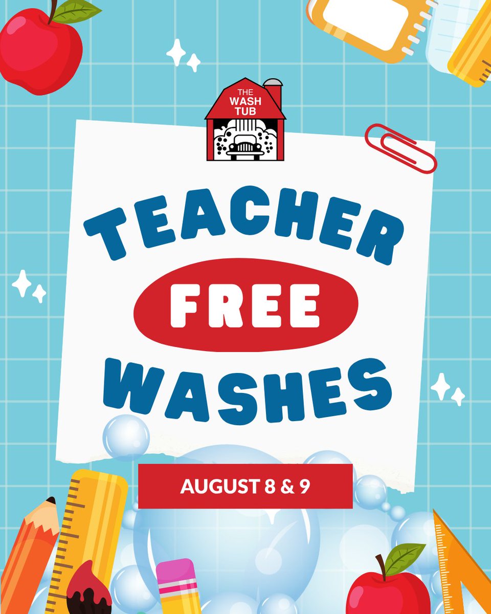 📣 Educators, faculty &amp; staff — enjoy a FREE car wash at any Wash Tub location Aug 8–9! 🚘💦 Just show your school ID.

It’s our way of saying THANK YOU! 💛🍎

#TeacherAppreciation #TheWashTub #BackToSchool