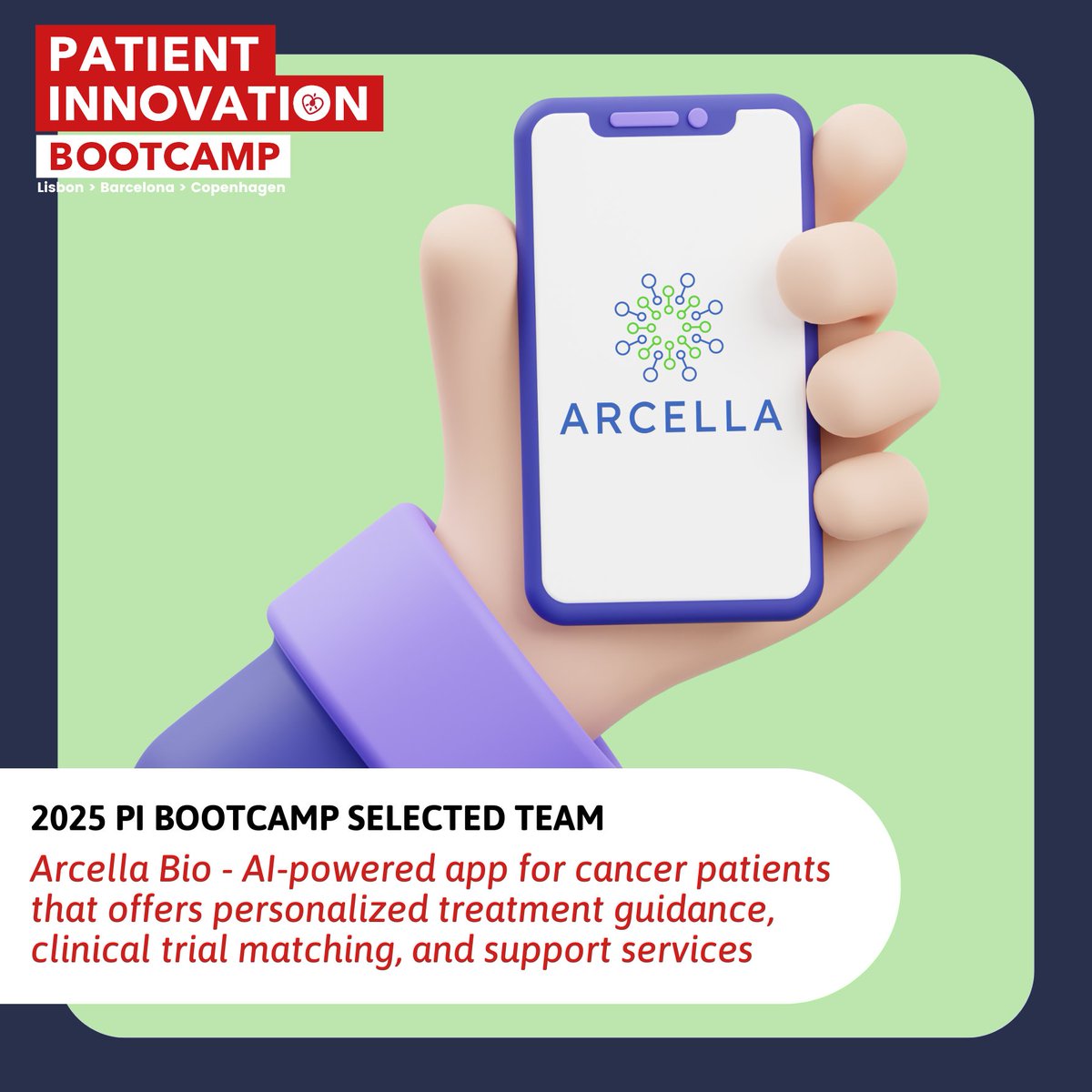 Arcella Bio is another one of the teams that will participate in the Patient Innovation Bootcamp 2025!

Arcella Bio is an AI-powered app for cancer patients that offers personalized treatment guidance, clinical trial matching, and support services starting with colorectal cancer.