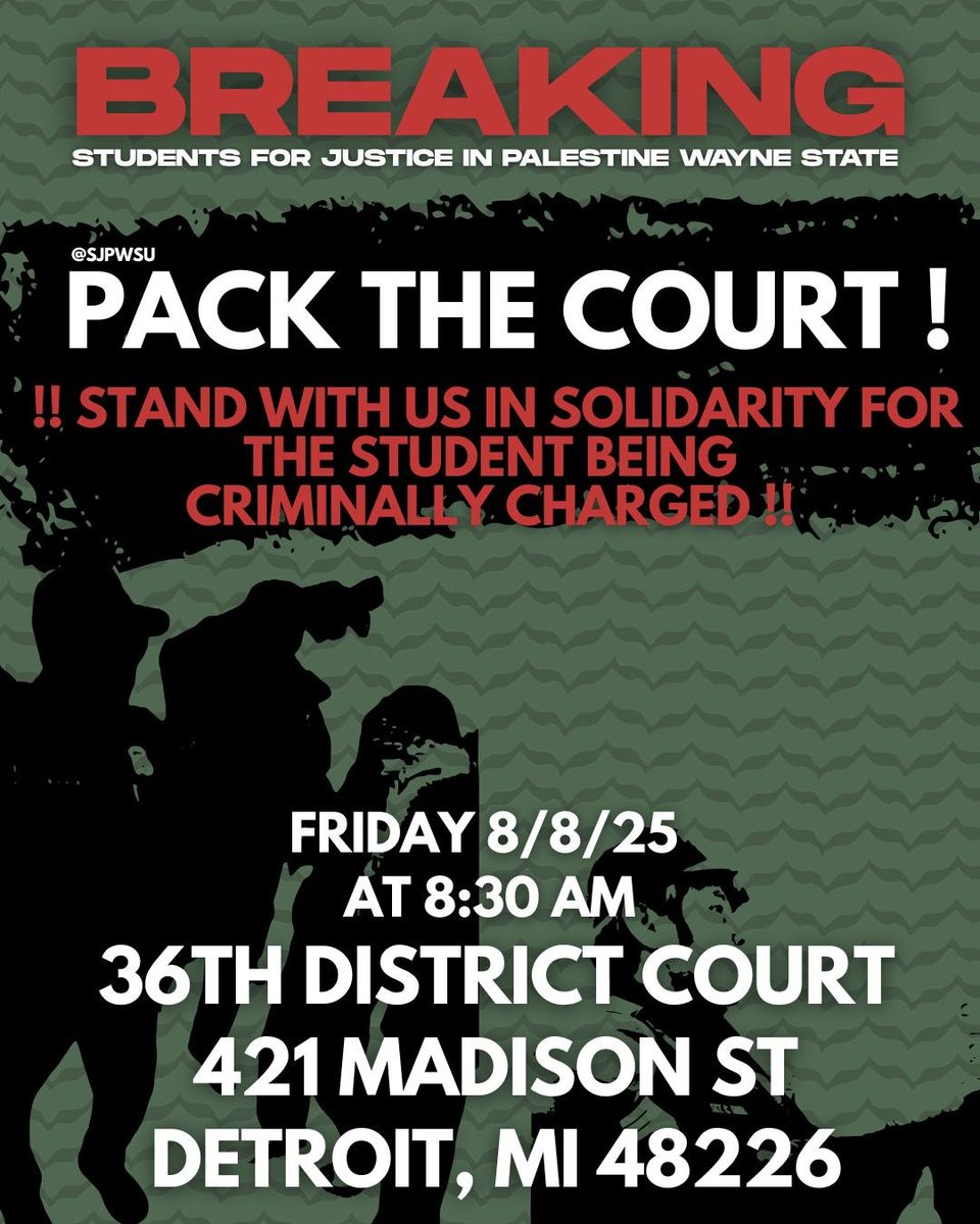 Pack the 36th District Court! 

Stand in solidarity with the student being criminally charged!

8:30 AM | 36th District Court
421 Madison Street
Detroit, MI 48226