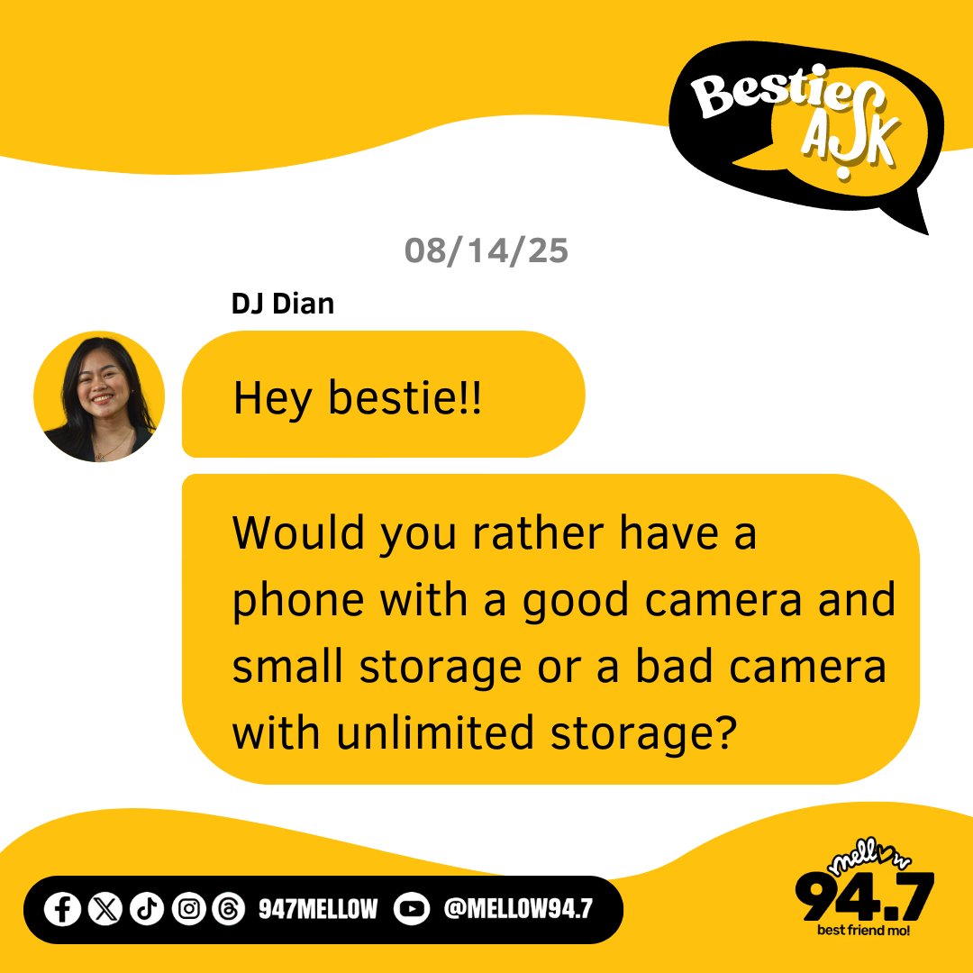 947mellow's tweet image. Good camera but limited storage, or bad camera with unlimited storage? What do you choose? 🤳💾

#TechChoices #BestiesAsk
#Mellow947BFM