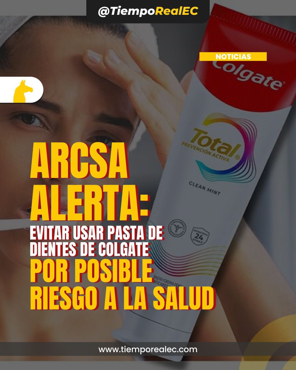 TiempoRealEC's tweet photo. 🚨.#ALERTA || 

🪥Una línea de pasta de dientes de la marca Colgate fue retirada del mercado en varios países por posibles riesgos a las salud.

🦷La ARCSA emitió una alerta sanitaria por un posible riesgo para la salud asociado al uso de pasta dental Colgate Total Clean Mint.

‼️Si presentas síntomas adversos tras su uso, repórtalos de inmediato a través de #ArcsaMóvil.

👉Conoce los detalles en nuestro artículo completo en https://t.co/s06HeDqcDK

✅#TiempoRealEc #VivimosHistorias #Colgate #ARCSA #AlertaSanitaria
