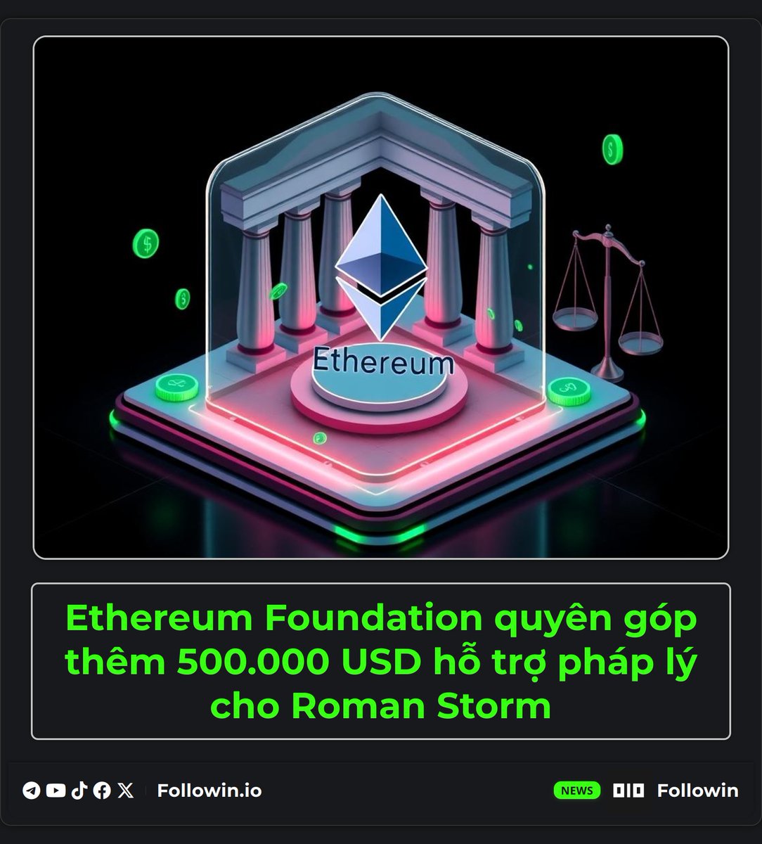 Ethereum Foundation đã tài trợ 500.000 USD hỗ trợ pháp lý cho Roman Storm, người sáng lập Tornado Cash, khẳng định quyền riêng tư và mã không phải là tội. Roman Storm đối mặt với cáo buộc truyền tải tiền không phép, nhưng không bị kết tội rửa tiền. Tổ chức