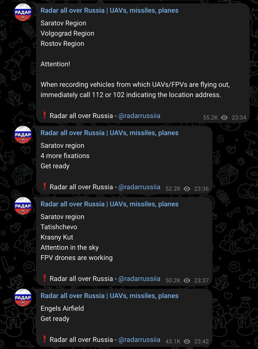 🚨UAV/FPV drones are flying out of trucks at strategic locations in Russia tonight.

New Operation Spider's Web appears under way