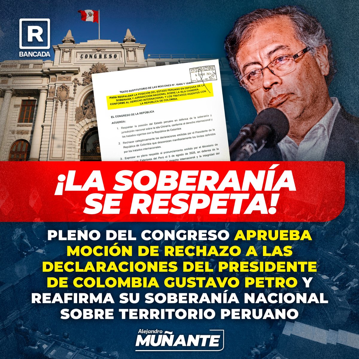 JoseBaellaMalca's tweet photo. Gustavo Petro recurre al nacionalismo para unir a los colombianos, debido a los graves problemas internos que tiene, crea un conflicto internacional donde no existe razón o motivo. Unánime respaldo de todos los peruanos a la posición del Estado Peruano y defensa de su soberanía. https://t.co/Cub8s30u7D
