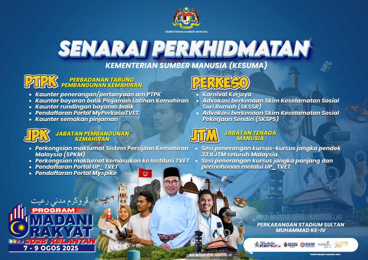Hari cuti ni jom ramai-ramai meriahkan Program MADANI Rakyat (PMR) 2025 Kelantan! 🌟

Bagi yang tak sempat hadir semalam, inilah peluang anda untuk menikmati pelbagai pengisian menarik. 

#KementerianSumberManusia #KESUMA #MalaysiaMADANI #PMRKelantan2025 #ProgramMadaniRakyat2025