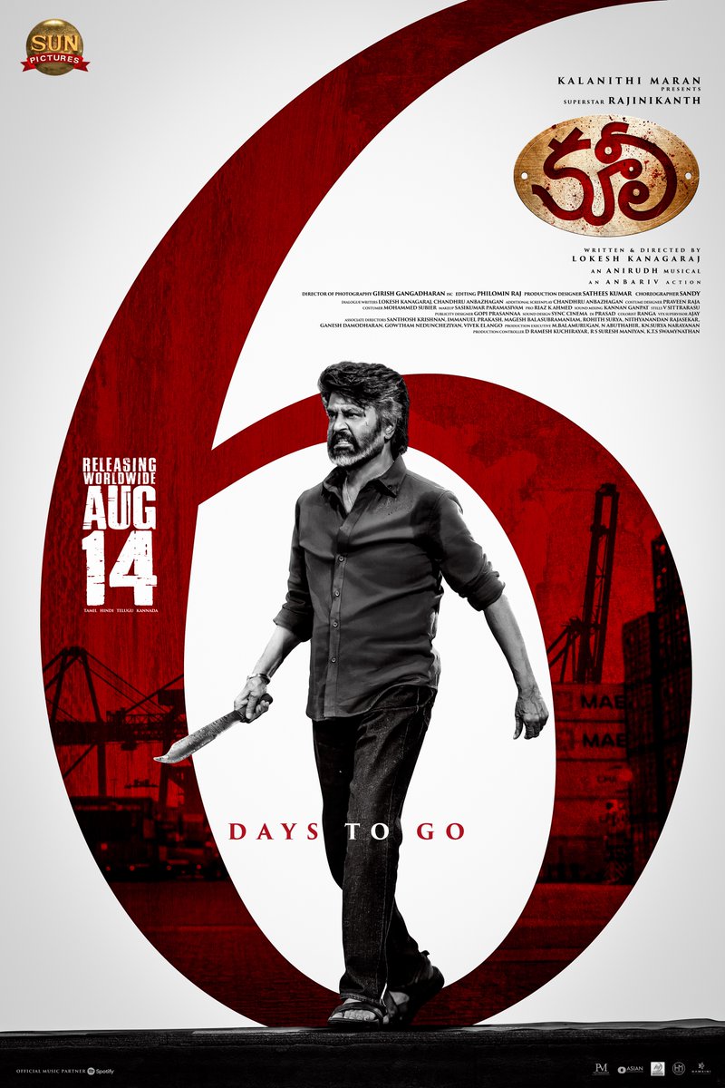 6 days la, Thalaivan erangattumey, Saritham eluthattumey!💥
#Coolie 

#Coolie releasing worldwide August 14th 

<a href="/rajinikanth/">Rajinikanth</a> <a href="/Dir_Lokesh/">Lokesh Kanagaraj</a> <a href="/anirudhofficial/">Anirudh Ravichander</a> #AamirKhan <a href="/iamnagarjuna/">Nagarjuna Akkineni</a> <a href="/nimmaupendra/">Upendra</a> #SathyaRaj #SoubinShahir <a href="/shrutihaasan/">shruti haasan</a> <a href="/hegdepooja/">Pooja Hegde</a> <a href="/anbariv/">AnbAriv</a> <a href="/girishganges/">Girish Gangadharan</a> <a href="/philoedit/">Philomin Raj</a>