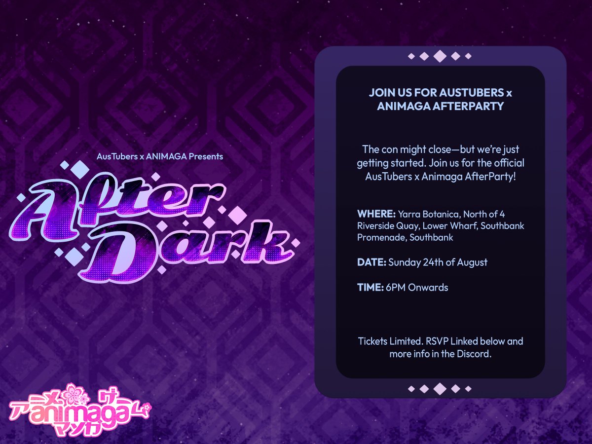 The con might close… but we’re just getting started!

 AusTubers x <a href="/AnimagaExpo/">Animaga</a> Official AfterDark AfterParty

Tickets limited — RSVP via our link &amp; join the Discord for details!
