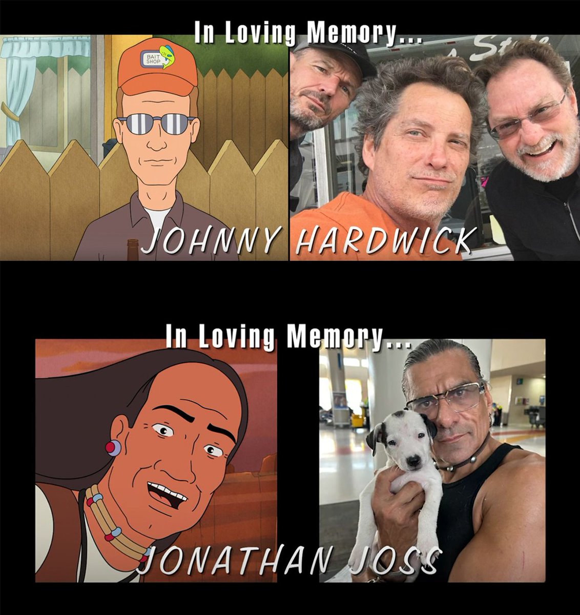 CharlieDBravos's tweet photo. Man, I just finished the New #KingOfTheHill  Revival. Just as funny as I remembered it being, one of my all-time fav shows. 
 But seeing these end cards back to back felt like a gut punch to reality.😢 Rest in peace. https://t.co/YGujmaxgNm