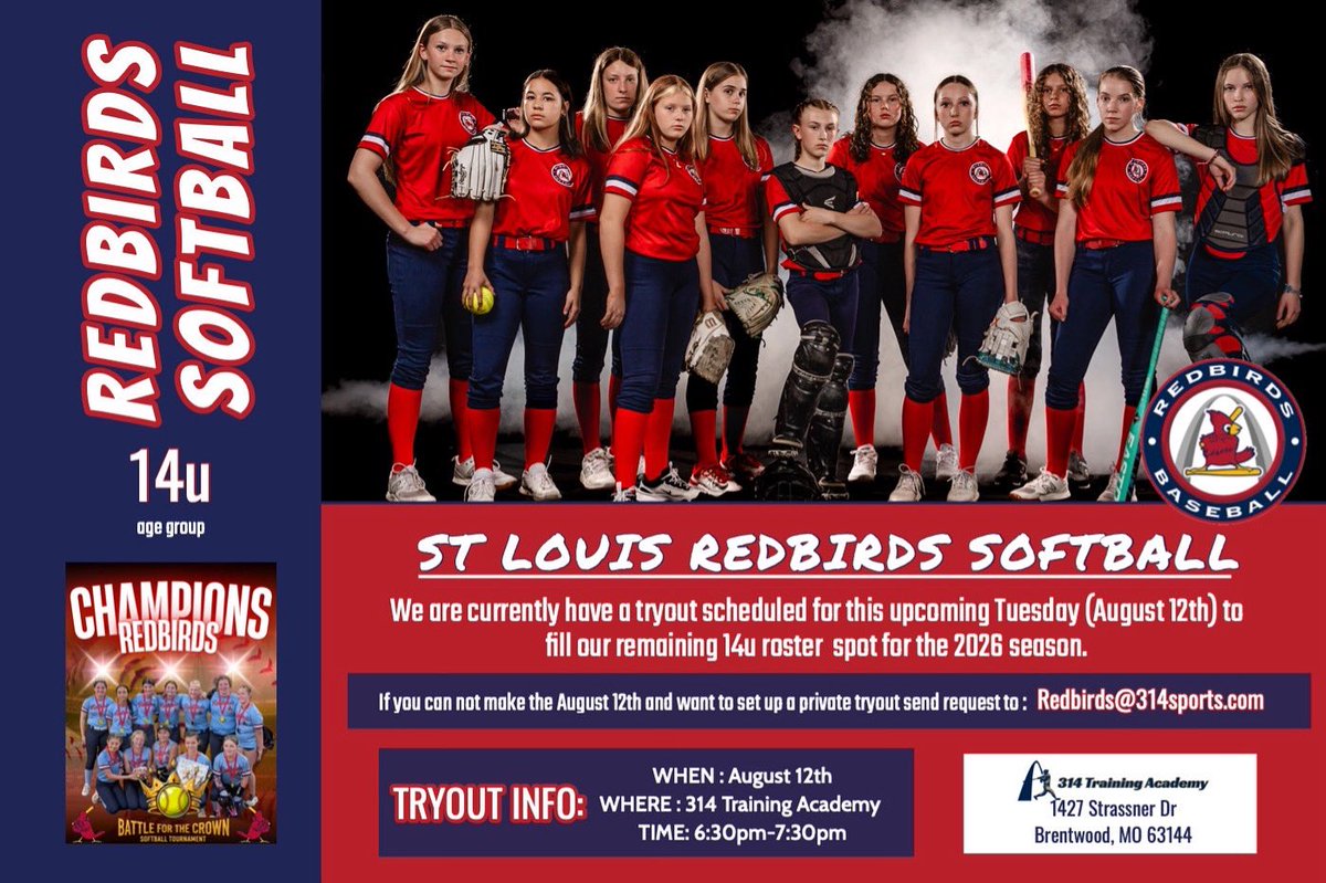 St Louis Redbirds (@stlredbirdsbase) on Twitter photo Hosting a tryout on August 12th for our remaining roster for 2026. Visit StLouisRedbirds.com and complete a prospective player form to receive program info.
If you can not make the tryout on the 12th and would like to schedule a private tryout email Redbirds@314sports.com Hosting a tryout on August 12th for our remaining roster for 2026. Visit StLouisRedbirds.com and complete a prospective player form to receive program info.
If you can not make the tryout on the 12th and would like to schedule a private tryout email Redbirds@314sports.com