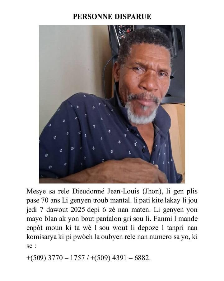 lounaM015's tweet photo. Ede’m pataje foto sa pou’n ka jwenn mesye Jean Louis silvouplè . Li soti depi maten lakay li nan Delmas 65 Rue Jasmin. Li fè Azaymè e li pa’p sonje wout lakay li. https://t.co/R5eDLumxmw