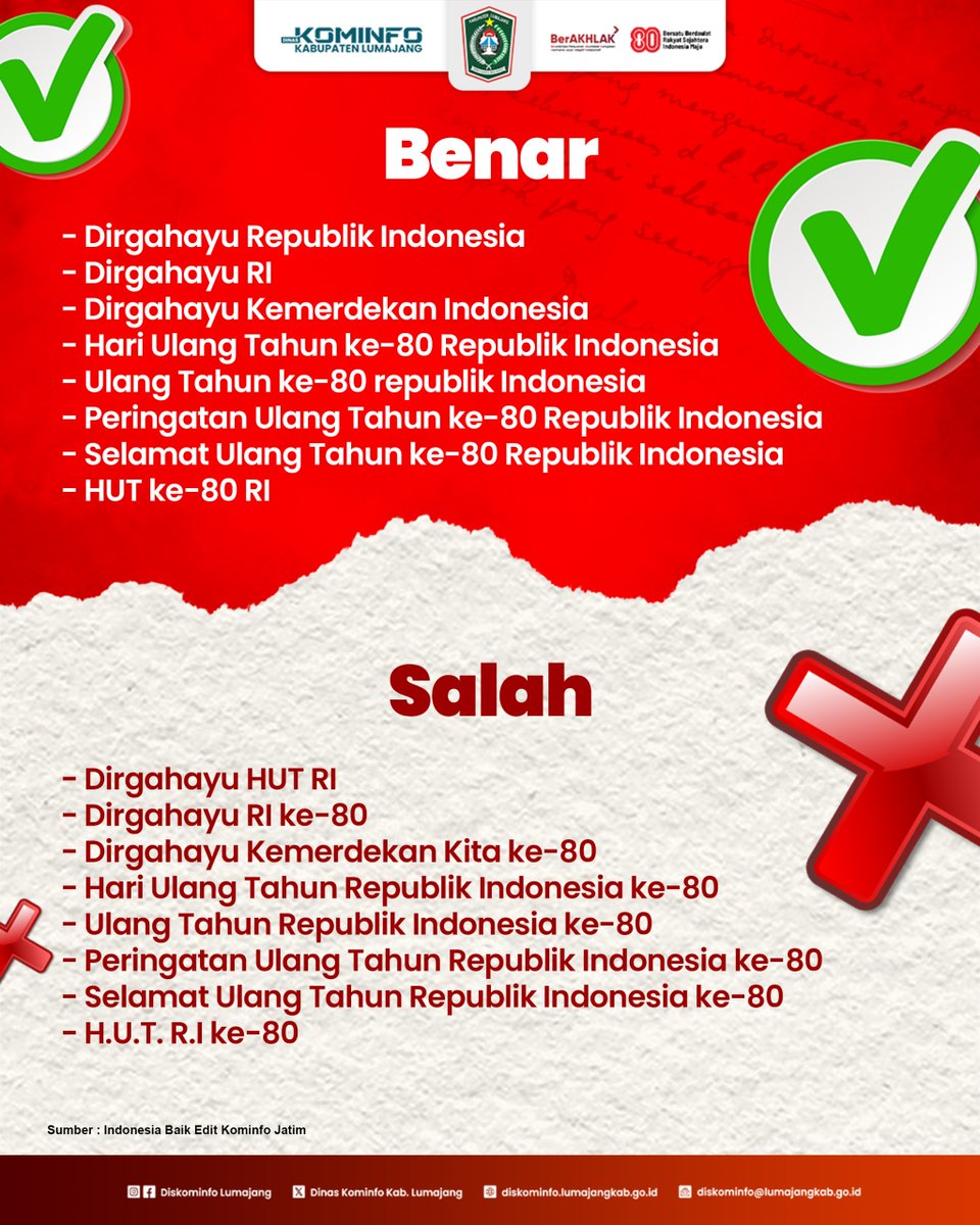 ✨ Dirgahayu Republik Indonesia ke-80! 🇮🇩
Masih sering nulis "HUT RI ke-80"? Wah, ternyata itu kurang tepat, lho! 🤔

Di slide ke-2 dan 3, kita bahas kenapa penulisan itu keliru dan bagaimana cara menuliskan ucapan dirgahayu yang benar dan sesuai kaidah bahasa.