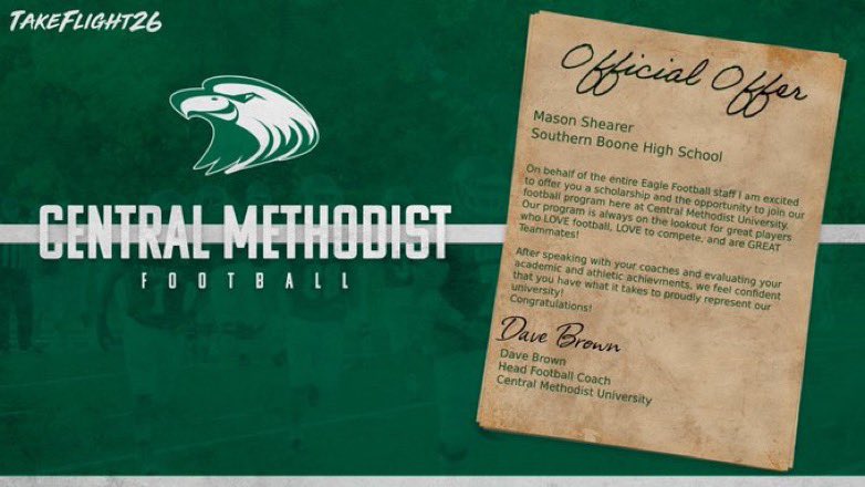 Mason Shearer (@masonyo9) on Twitter photo I am blessed to receive an offer from <a href="/cmueaglesFB/">Central Methodist Football</a>. Thank you <a href="/CoachDaveBrown/">Dave Brown</a> and <a href="/DLeach37/">David Leach ✝️</a>!
<a href="/SBCEagleFB/">Southern Boone Football</a>
<a href="/JPRockMO/">JP Rock</a>
<a href="/MidMOHSFB/">Mid-Mo HS Football</a>
<a href="/6starfootballMO/">Six Star Football | MISSOURI</a>
<a href="/sixstarfootball/">Six Star Football | PLUS+</a> I am blessed to receive an offer from <a href="/cmueaglesFB/">Central Methodist Football</a>. Thank you <a href="/CoachDaveBrown/">Dave Brown</a> and <a href="/DLeach37/">David Leach ✝️</a>!
<a href="/SBCEagleFB/">Southern Boone Football</a>
<a href="/JPRockMO/">JP Rock</a>
<a href="/MidMOHSFB/">Mid-Mo HS Football</a>
<a href="/6starfootballMO/">Six Star Football | MISSOURI</a>
<a href="/sixstarfootball/">Six Star Football | PLUS+</a>
