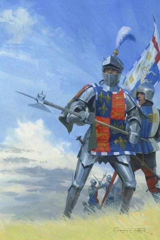 Edmund Beaufort 4th Duke of Somerset, 6th Earl of Somerset, 3rd Marquess of Dorset, 3rd Earl of Dorset during the battle of Tewkesbury.   

He was executed after the Lancastrians defeat.  

Art by Graham Turner