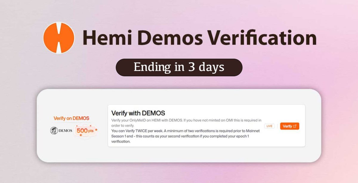 Hemi Demos Verification Ending in 3 Days! 🚨

🗓️ Ends on: Monday, 11 August

To be eligible for rewards, users must verify on <a href="/hemi_xyz/">Hemi</a> Demos at least once during each verification period.

✅ How to verify:

1. Go to: boost.absinthe.network/hemi-mainnet
2. Connect your EVM wallet
3. Apply