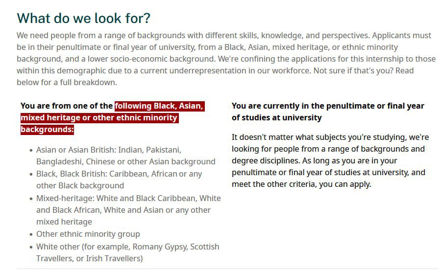 أعادت أجهزة الاستخبارات البريطانية فتح برنامج التدريب الصيفي حيث لا يمكن لأي إنجليزي أبيض التقديم، مع فتحه حصريًا لـ "السود، و الآسيويين، ذوي الأصول المختلطة.