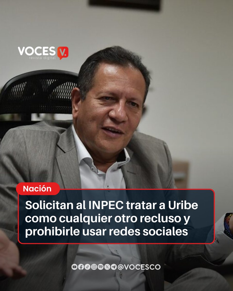 Voces (@vocesco) on Twitter photo #Voces | La petición la hizo el Ex magistrado del CNE, <a href="/LuisGPerezCasas/">Luis Guillermo Pérez</a>: “Le solicitó al INPEC que el condenado <a href="/AlvaroUribeVel/">Álvaro Uribe Vélez</a> sea tratado como todos y se le impida comunicarse a través de sus redes sociales; sus manifestaciones son amenazas graves para la jueza Sandra Liliana #Voces | La petición la hizo el Ex magistrado del CNE, <a href="/LuisGPerezCasas/">Luis Guillermo Pérez</a>: “Le solicitó al INPEC que el condenado <a href="/AlvaroUribeVel/">Álvaro Uribe Vélez</a> sea tratado como todos y se le impida comunicarse a través de sus redes sociales; sus manifestaciones son amenazas graves para la jueza Sandra Liliana