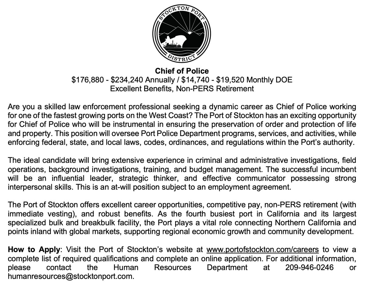 Port Police Department is hiring!

portofstockton.com/careers/