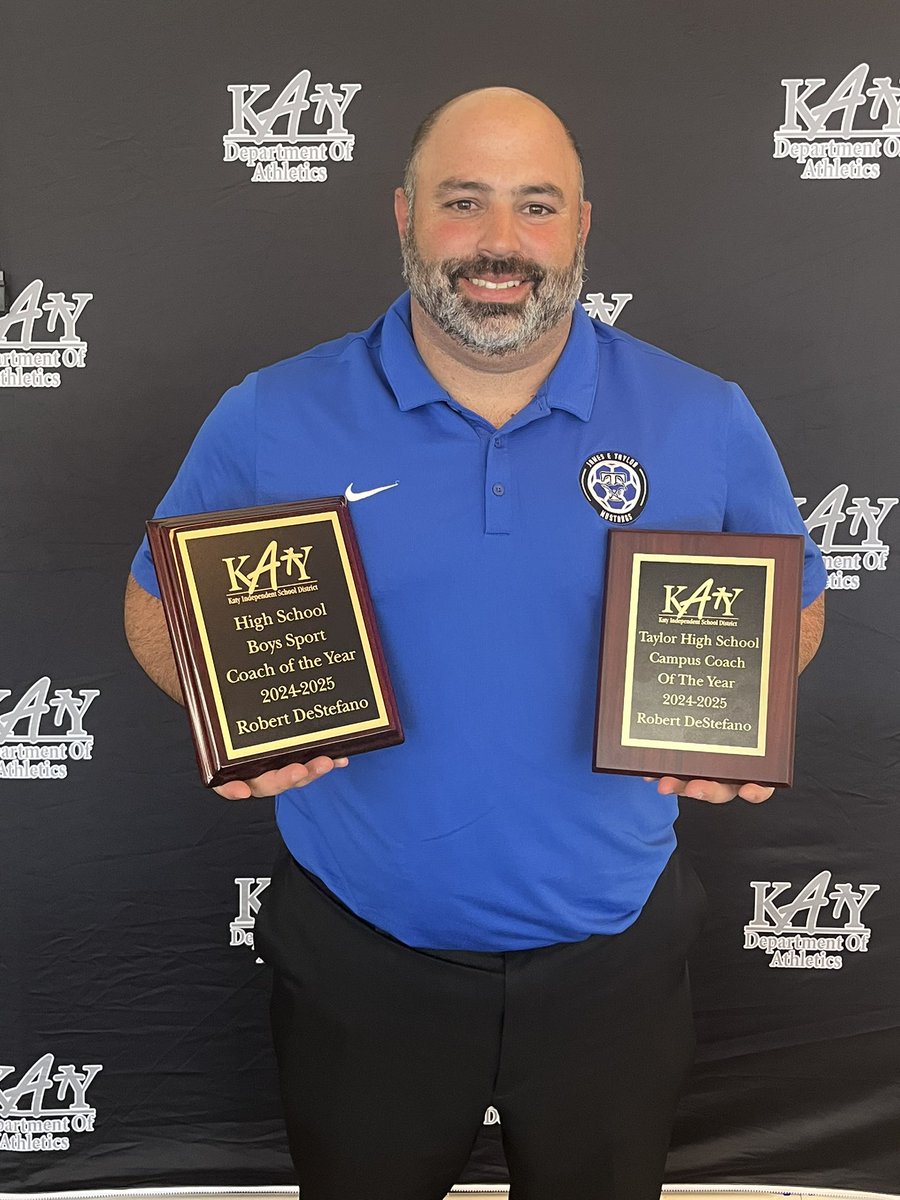 Congratulations to our very own Coach Destefano! Today he was recognized as  both the Taylor Coach of the Year, and the Katy ISD boys (all sports) Coach of the Year! 🎉 What an amazing accomplishment!