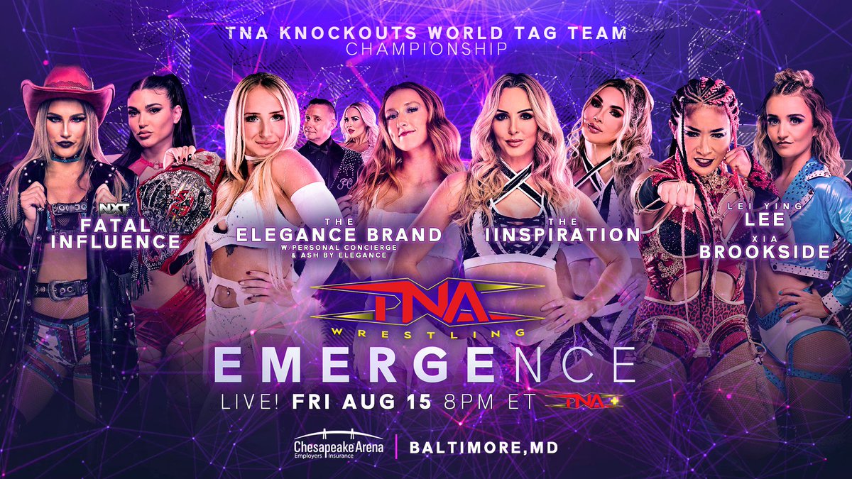 TNA Wrestling (@thisistna) on Twitter photo BREAKING: <a href="/Heathereckless/">Heather by Elegance 💋</a> and <a href="/justmaggielee/">m by elegance🥂💖💫</a> defends the TNA Knockouts World Tag Team Titles against Fatal Influence, The IInspiration, and the team of <a href="/TheLeiYingLee/">雷影 .李 (Léi Yǐng .Lee)</a> and <a href="/XiaBrookside/">Xia Brookside ☆ ザイヤ・ブルックサイド</a> at #TNAEmergence on August 15 LIVE on TNA+ from the Chesapeake Employers Insurance Arena in BREAKING: <a href="/Heathereckless/">Heather by Elegance 💋</a> and <a href="/justmaggielee/">m by elegance🥂💖💫</a> defends the TNA Knockouts World Tag Team Titles against Fatal Influence, The IInspiration, and the team of <a href="/TheLeiYingLee/">雷影 .李 (Léi Yǐng .Lee)</a> and <a href="/XiaBrookside/">Xia Brookside ☆ ザイヤ・ブルックサイド</a> at #TNAEmergence on August 15 LIVE on TNA+ from the Chesapeake Employers Insurance Arena in