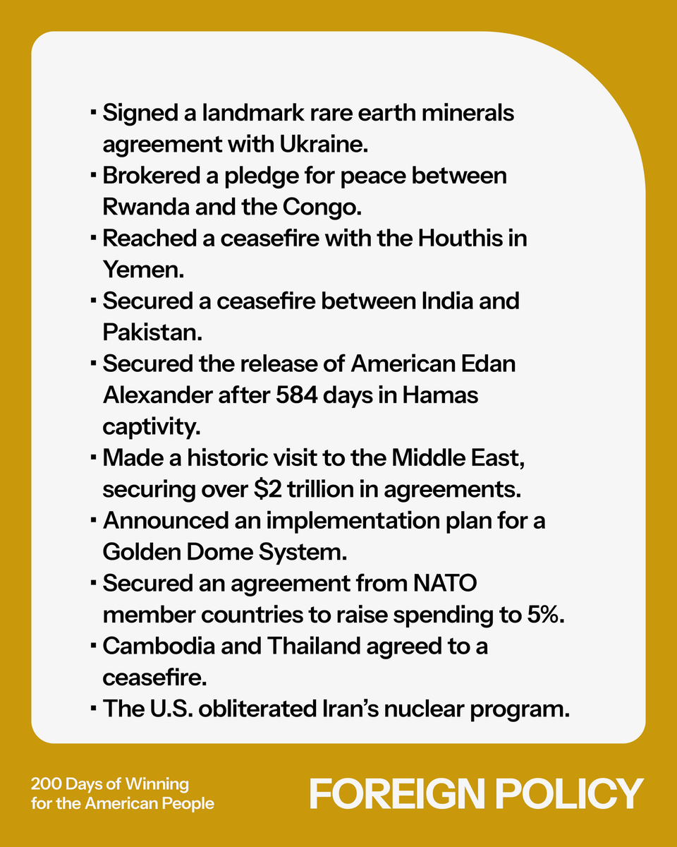🇺🇸 200 DAYS: TRUMP’S 100-200 DAY FOREIGN POLICY VICTORY. 

PEACE THROUGH STRENGTH.