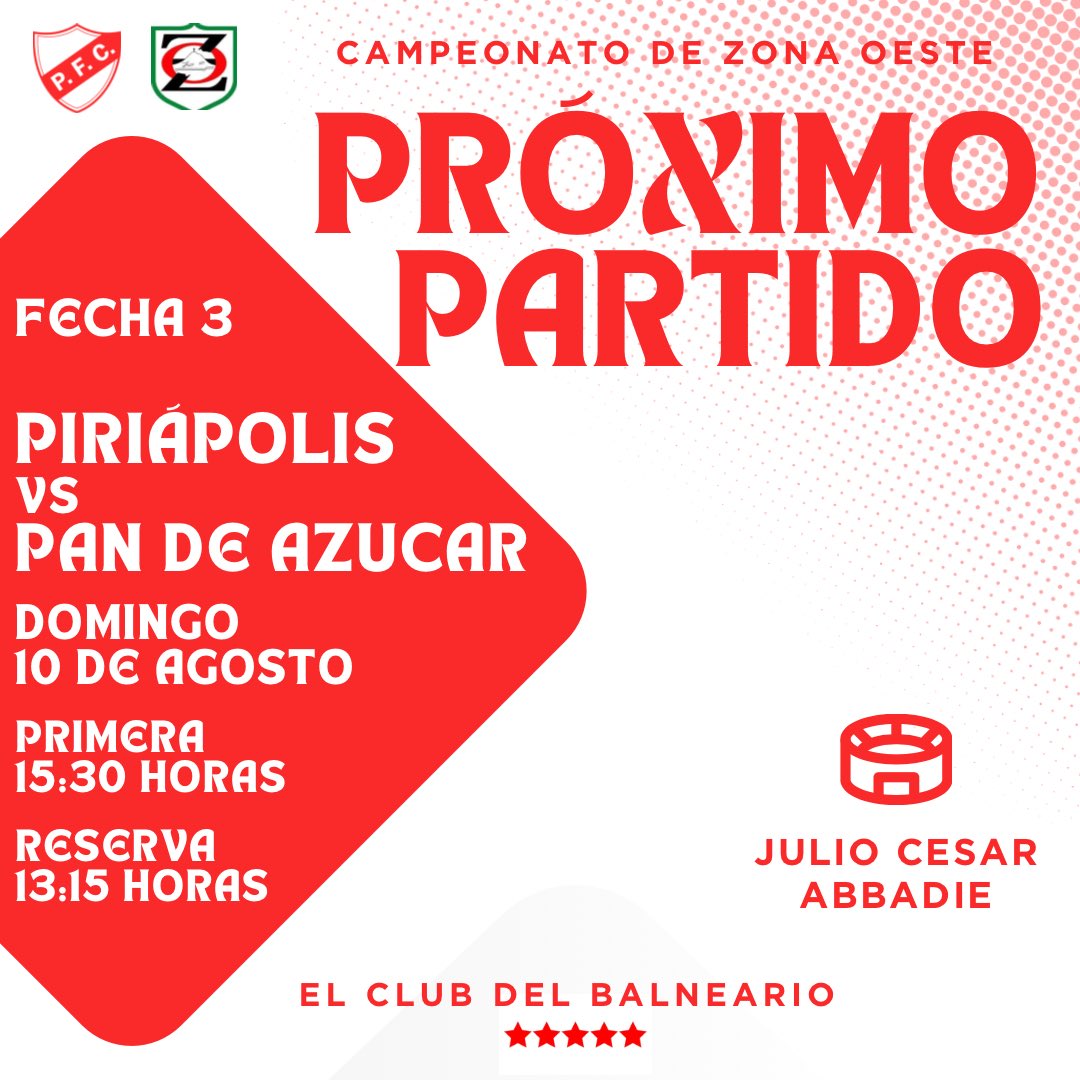 ⚪️🔴⚪️𝐏𝐑𝐎𝐗𝐈𝐌𝐎 𝐏𝐀𝐑𝐓𝐈𝐃𝐎⚪️🔴⚪️

🆚Pan de azucar
📆Domingo 10 de agosto 
🏟️Julio Cesar Abbadie 

Volvemos al estadio con el objetivo de lograr otra victoria! 
Acompañemos al club del balneario en este lindo partido!! 
Todos unidos 💪

𝑨𝑹𝑹𝑰𝑩𝑨 𝑬𝑳 𝑷𝑰𝑹𝑰𝑨
