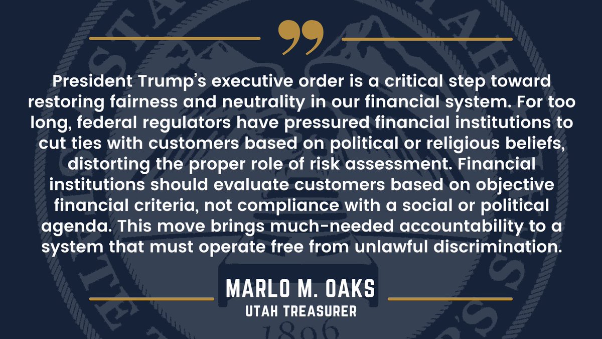 📢32 state financial officers, including <a href="/TreasurerOaks/">Treasurer Marlo Oaks</a>, are speaking out in support of President Trump’s executive order to end discriminatory debanking.

📄 Read the full statement: treasurer.utah.gov/wp-content/upl…

#Debanking #FinancialFreedom  #RegulatoryAccountability <a href="/SFOF_States/">State Financial Officers Foundation</a>