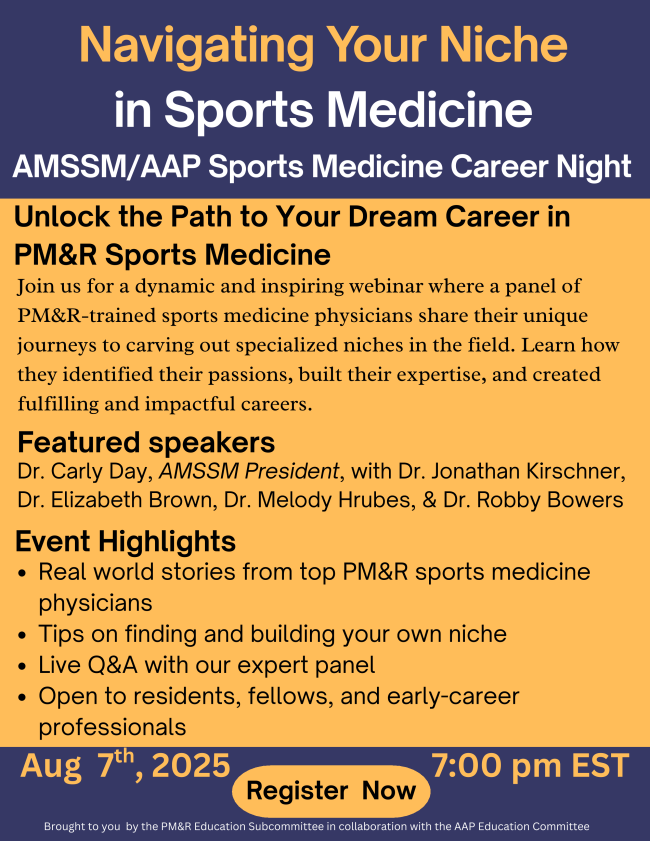 🗣️ Join tonight's Sports Medicine Career Night, starting at 7 pm ET!

The session will focus on Navigating Your Niche in Sports Medicine and feature a stellar group of featured speakers, including AMSSM President Dr. <a href="/CarlyDayMD/">Carly Day, MD</a>!

🔗 Link to join: bit.ly/AMSSMEvents