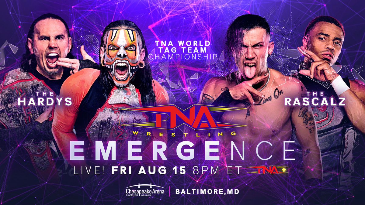 TNA Wrestling (@thisistna) on Twitter photo BREAKING: <a href="/MATTHARDYBRAND/">MATT HARDY</a> and <a href="/JEFFHARDYBRAND/">#BrotherNero DELETED</a> will defend the TNA World Tag Team Titles against <a href="/ZacharyWentz/">Zachary Wentz</a> and <a href="/TheBadReed/">Myron Reed</a> at #TNAEmergence on August 15 LIVE on TNA+ from the Chesapeake Employers Insurance Arena in Baltimore, MD.
Get tickets at TNAWrestling.com/events! BREAKING: <a href="/MATTHARDYBRAND/">MATT HARDY</a> and <a href="/JEFFHARDYBRAND/">#BrotherNero DELETED</a> will defend the TNA World Tag Team Titles against <a href="/ZacharyWentz/">Zachary Wentz</a> and <a href="/TheBadReed/">Myron Reed</a> at #TNAEmergence on August 15 LIVE on TNA+ from the Chesapeake Employers Insurance Arena in Baltimore, MD.
Get tickets at TNAWrestling.com/events!