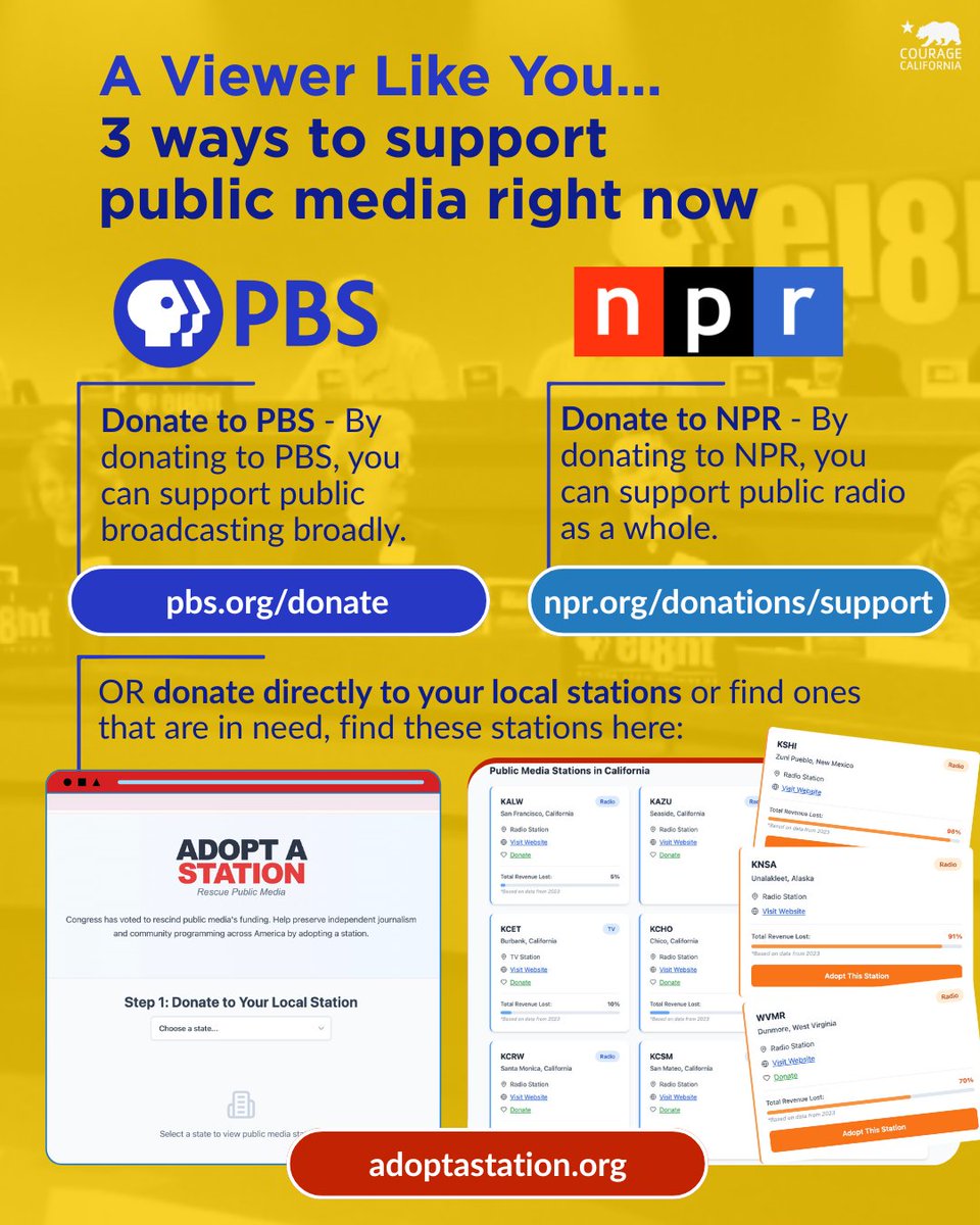 Donate to your local stations by visiting PBS.org and NPR.org

To donate directly to stations across the country, especially those in rural areas at risk of shutting down from federal funding cuts, check out: adoptastation.org
